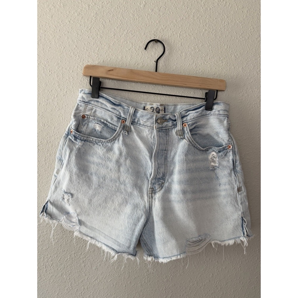 We The Free People Denim Shorts 29 Blue Distressed Mid Rise Button Fly Raw Hem